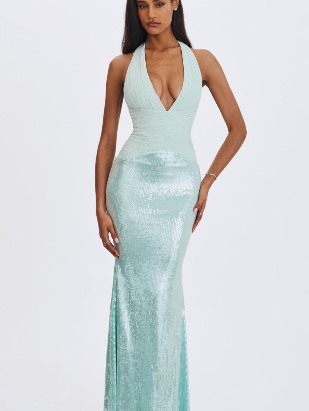 One-Shoulder Sequin Mermaid Gown in Mint